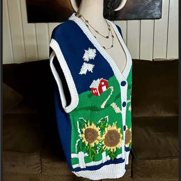 P’ Galli Designs~Blue/Green Medium Vest W/Sunflower & Barn Scene Embroidery (New - Picture 10 of 14